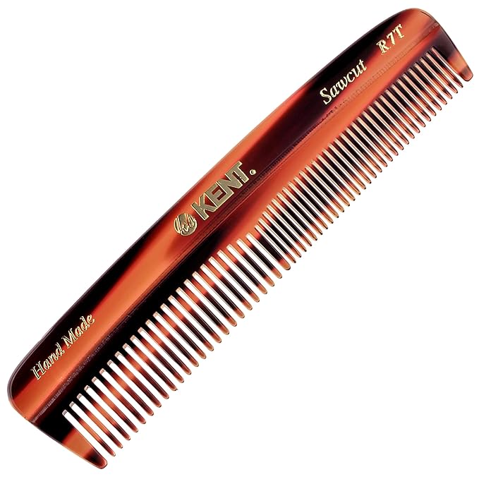 Kent R7T Fine and Wide Tooth Hair Comb, Handmade Pocket Comb for Men, Beard and Mustache Combs for Everyday Grooming and Styling, Sawcut Kent Combs, Made in England