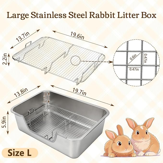 Rypet Large Rabbit Litter Box, Bunny Litter Box High Side with 304 Stainless Steel Sifting Tray, Metal Small Animal Litter Pan with Pet Food Bowl and Water Bottle, Non-Slip Easy to Clean Odor Control