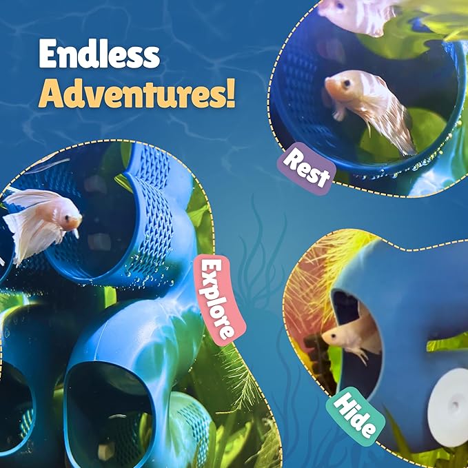 Betta Fish Tunnel Hideout Blue | Aquarium Cave & Tunnel Decor for Betta Fish, Shrimp & Small Fish | Fish Tank Decoration, Betta Tank Accessory & Enrichment Toy