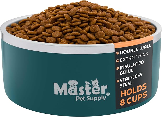 Master Pet Supply Stainless Steel Dog Bowls - 64 oz, Heavy Duty - Emerald Sea, Double Wall Extra-Thick Insulated, Non-Slip Pet Water Bowl for Dogs, Cats & Pets, Anti Rust Metal, Dish Washer Safe
