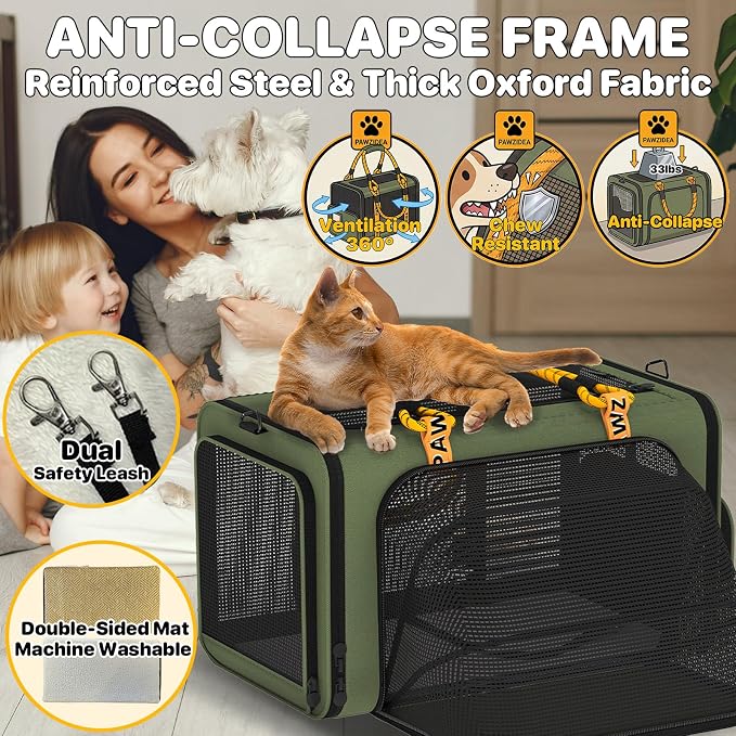 PAWZIDEA Expandable Large Pet Carrier, Soft-Sided 2–4 Cats Carrier Up 55lbs | 24"×16"×16" Collapsible Small to Medium Dog Carrier Travle Bag, Portable Dog Crate for Car Travel, Breathable, Storage Pocket