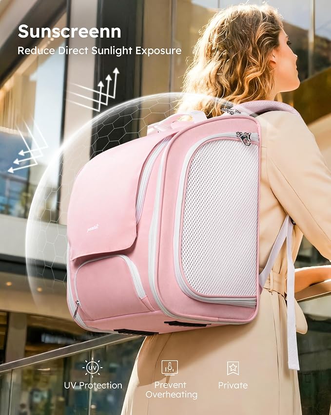 Pecute Cat Backpack Carrier,Large Space Cat Bubble Backpack,Ergonomic,Pink | Sunshade Curtain,Transparent Window,Safety Rope,Sturdy,Large Mesh on Both Sides for Breathability,Suitable for Outdoor,Vet