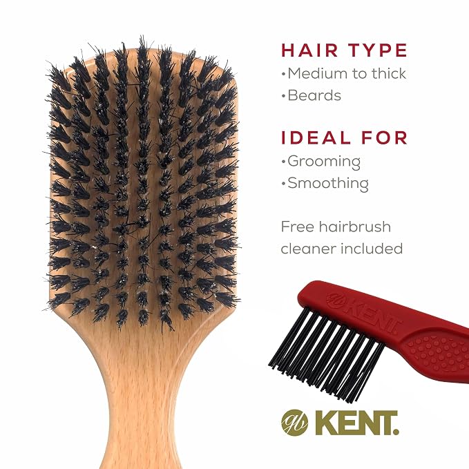 Kent OG2 Club Hair Brush, Small Boar Bristle Hair Brush for Men, Natural Boar Bristle Beard Brush for Men, Beechwood Kent Brush for Hair and Beards and Beard Straightener