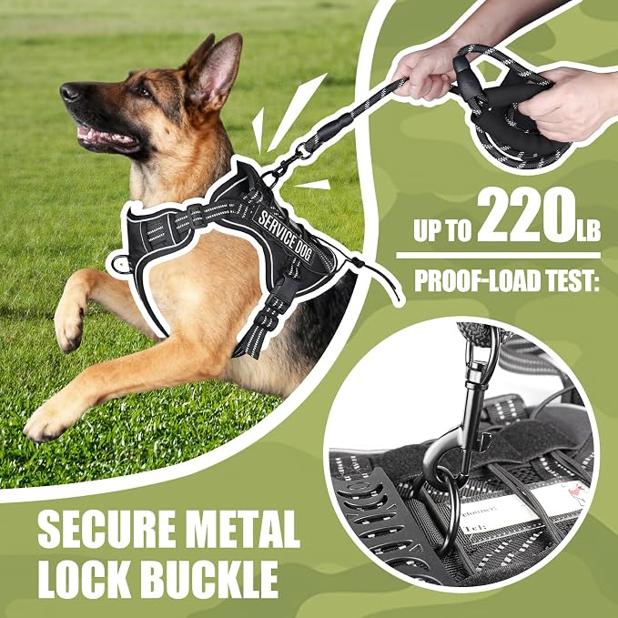 Service Dog Tactical Vest Harness and Leash Set Large Sized Dog Emotional Support- Tactical Dog Harness Training Collar with Name (Black, XL)