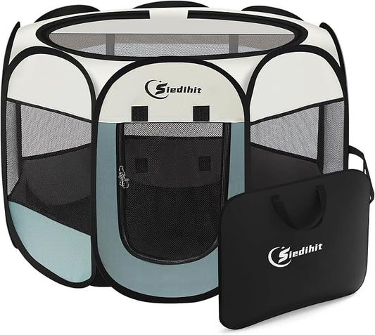 Siedihit Dog Playpen, Puppy Pet Playpen, Medium Dogs Tent Crates Cage Indoor/Outdoor, Portable Pop Up Dog Kennel Playpen with Carrying Case for Dogs/Cats/Rabbits, Removable Zipper Top, Grey