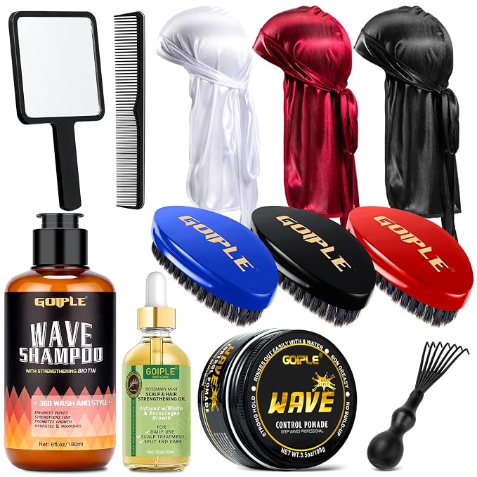 360 Wave Kit for Men Grooming Kit for 360 Waves - 3 Wave Brushes, Soft, Medium & Hard - Satin Durag, Hand Mirror, Hair Comb, Hair Brush Cleaner, Wave Pomade & Shampoo & Rosemary Oil - Best Gift Set