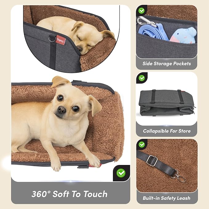 Center Console Dog Car Seat for Small Pets to 11lbs, Brown | Anti-collapse armrest Console seat with washable fluffy cushion, pillow & tether for stable, cozy pet travel trips.