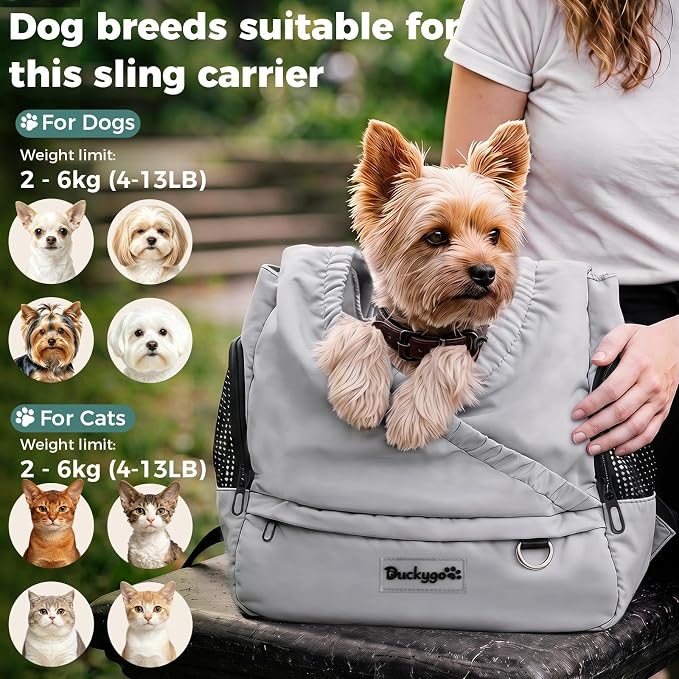 Small Dog Sling Carrier, Hands-Free, Gray, 4-13Lbs | Adjustable Bottom Support Front Backpack with Storage Pocket, Anti-Anxiety Breathable Side Mesh, Reduces Back & Neck Pain