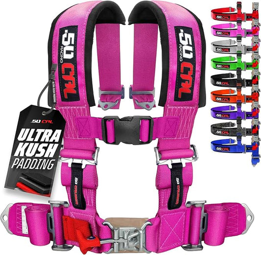 1pc 50 Cal Pink 4 Point Harness 2 inch straps, Racing Harness Seat Belt | Ultra Kush padding, Push Button quick release hardware. Universal Fit for UTV, RZR, race car