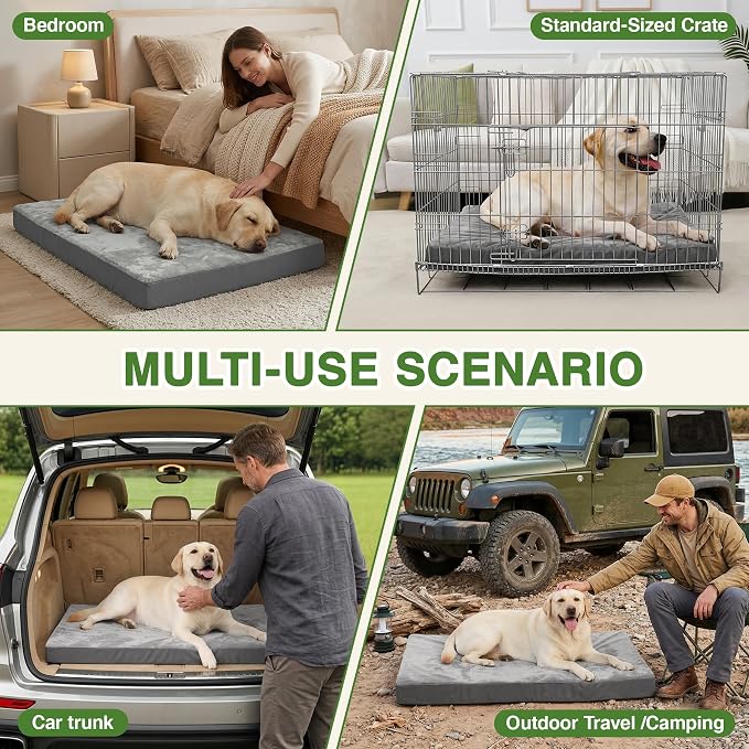 Waterproof Outdoor Dog Bed Large Sized, Washable Crate Pad 35" Orthopedic | Reversible Faux Leather & Flannel, Durable Removable Cover, Pet Bed Foam, Anti-Slip Bottom,Kennel Pad 35"x22" Gray