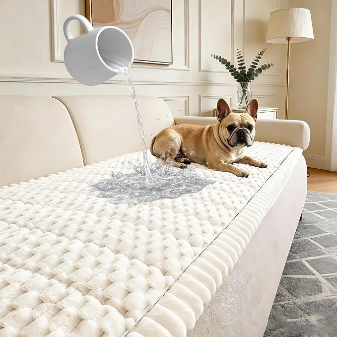 Waterproof Couch Cover for Dogs Washable,Nonslip Fuzzy Durable Pet Friendly | Soft Slipcovers for 3 Cushion Sofa Cover,Plush Thick Protector Fits Mat Bed Leather & Fabric Couches (Beige 27.6"x82.7")