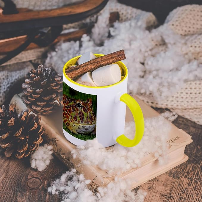 3dRose High Red Ornate Pacman Frog, Ceratophrys ornate, controlled conditions 15oz Two-Tone Yellow Mug
