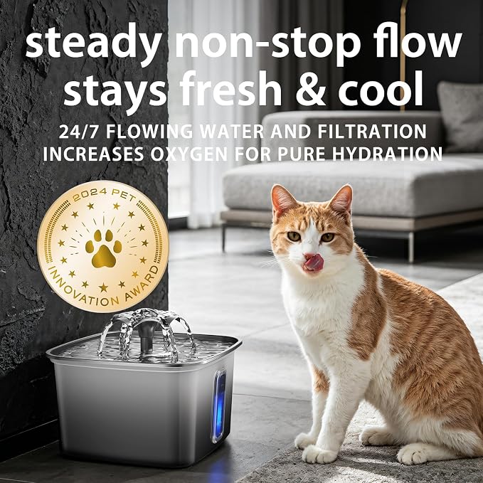 Veken Innovation Award Winner Stainless Steel Cat Water Fountain, 108oz | Automatic Pet Fountain Dog Water Dispenser with Replacement Filters & Silicone Mat for Cats, Dogs (Velvet Black)