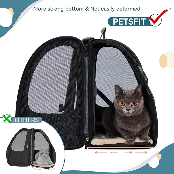 Petsfit Expandable Cat Backpack Carrier for Cats and Small Dogs, 18 lb | 65% expandable rest zone, padded waist belt, airflow back panel, locking zippers, safety tether and washable dual-sided mat.