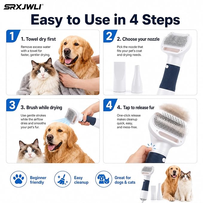3 in 1 Pet Hair Dryers And Comb Brush High Velocity Blower for Dog Grooming | Portable Quiet Handheld Slicker with Steam Deshedding Intelligent Airflow System for Cats, Puppies and Professional(Blue)