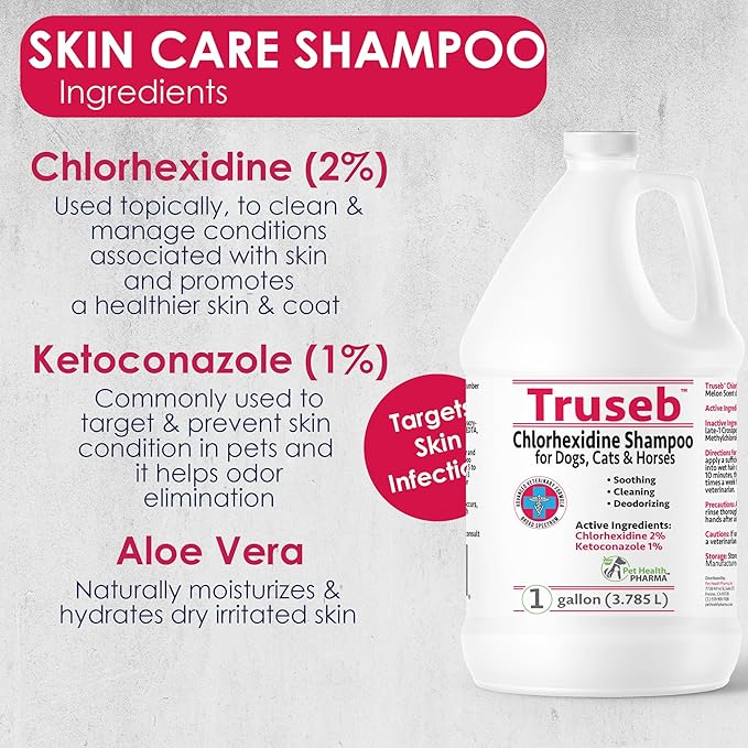 Truseb Chlorhexidine Shampoo for Dogs Cats & Horses with Aloe Vera - Antibacterial Antifungal Medicated Dog ketoconazole Shampoo and Conditioner -Skin Irritation, Hot Spots, Redness Relief (1 Gallon)