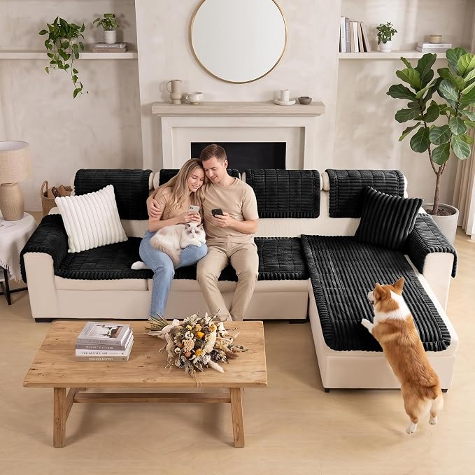 FUANGUI 2 Pack Waterproof Couch Cover for Dogs Pets Sofa Protector | Non-Slip Washable Fuzzy Soft Sofa Slipcover for 2 PCS L Shaped Sofa Pet Friendly, 27.6" x 59.1"+27.6" x 70.9", Black