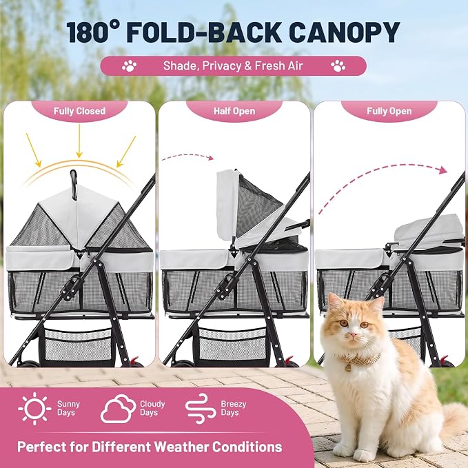 Dog Stroller for Small Dogs, Panoramic Mesh Pet Cat Stroller with Detachable Carrier, Foldable Pet Stroller up to 35 lb, with Safety Tether, Puppy Doggie Stroller for Medium Dogs 20 lbs Grey