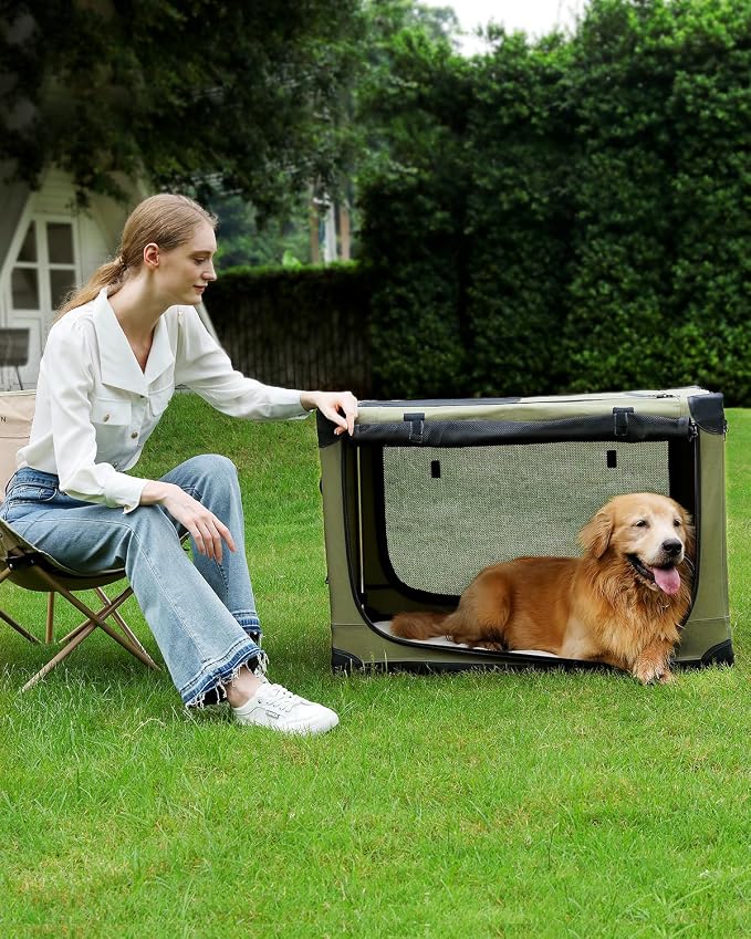 Veraste 33" L x 25" W x 25" H Collapsible Travel Dog Crate, Portable Soft Dog Kennel for Medium Large Dogs up to 60 lbs, 4-Door Foldable Travel Crate with Durable Mesh & Storage BagGreen | 4-Door Foldable Travel Crate,breathable mesh, foldable with sto...