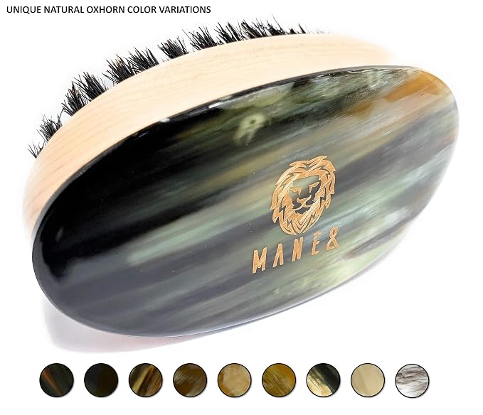 Man & Mane Premium Handmade Oxhorn & Beechwood Military Style Medium Stiff Natural Boar Bristle Men’s Hair Brush for Facial Hair & Beard Care