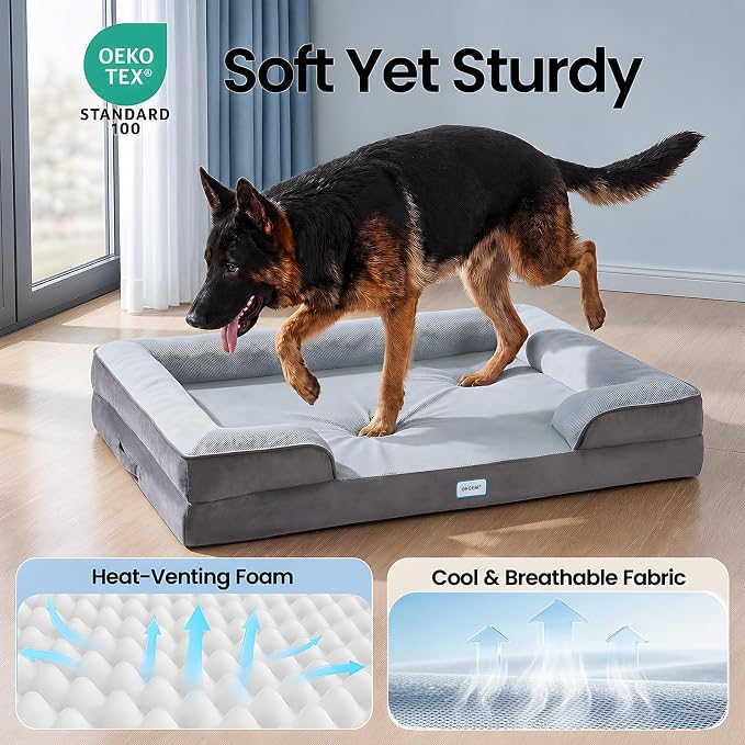 OhGeni Orthopedic Cooling Dog Bed Couch, Memory Foam, 44-inch (Cool Gray) | Cooling Big Pet Sofa for Extra Large Sized Pets with Machine-Washable Waterproof Removable Cover & Soft Comfortable Fabric