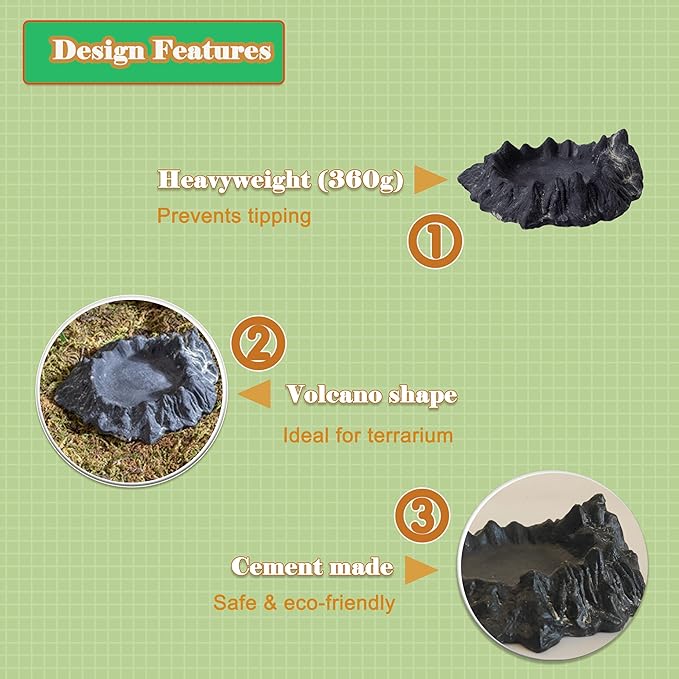 Reptile Water and Food Bowl with Feeding Tweezers Volcanic Rock Style Cement Feeding Dish for Bearded Dragon Leopard Gecko Lizard and Snake Non-Tip Terrarium Decor Landscape Accessory (Black)