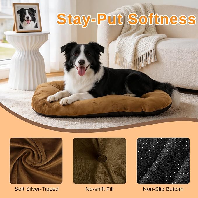 Washable Oval Dog Bed forX-Large Dogs,Silver-Tipped High-Resilience,Brown | Non-Slip Bottom Prevents Sliding, Soft Plush Short Fur, Machine Washable, Ideal for Crates/Apartments/Cozy Nooks,41"x27"x3.6"