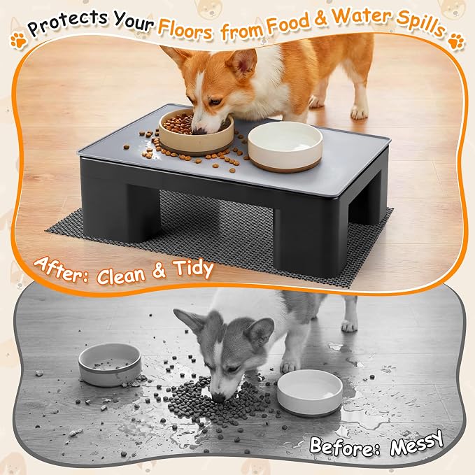 Elevated Dog Bowl Stand with Waterproof Dog Food Mat, Non-Slip, 1 Pc, Black | Reduce Neck & Joint Strain, Easy to Clean Silicone Pet Feeding Mat, Sturdy Legs, Ideal for Small & Medium Dogs and Cats