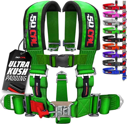 1pc 50 Cal Green 5 Point Harness w/ 2" straps, Racing Harness Seat Belt | Ultra Kush padding, Race latch quick release hardware. Universal Fit for UTV, RZR, race car. Part# 6009A1