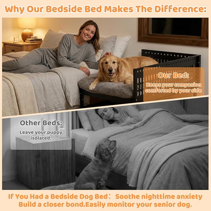 Beside Dog Bed,2 Panels Adjustable Height Dog Bunk Beds,47.2”x30.7” Metal Frame & Cushion, Converts to Bunk Bed or Bed Extension Attachment for Human Bed, for Large Breeds