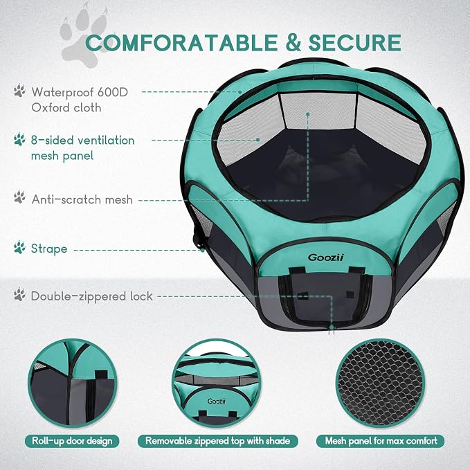 Goozii Pet Cat Playpen for Indoor Cats Enclosed, Puppy Dog Play Pen for Outdoor Travel Camping (Medium Size, Green & Dark Grey)