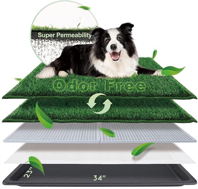 HQ4US Dog Grass Pad with Tray, Odor Free Grass Pee Pad for Dog Litter Box | Large Dog Potty Tray with Grate, Artificial Grass Fast Drainage, Hemmed Edge, Realistic, Fake Grass for Indoor Balcony