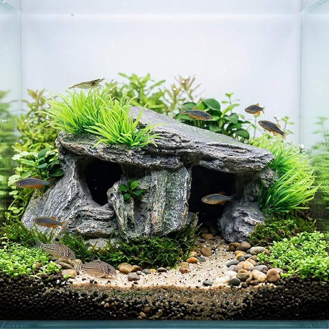 Aquarium Cave & Betta Hideout - Natural Resin Fish Tank Decorations, Small Turtle Basking Platform, Hand-Polished Smooth Edges, PH Neutral Stone Decor for Shrimp, Cichlid, and Reptiles (Small)