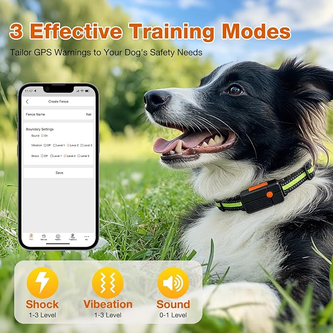 Wireless GPS Dog Fence Collar, Real-Time Dog Tracker with Health Monitor, Custom Virtual Fence, No Base Station Needed, Activity Tracking App, Waterproof