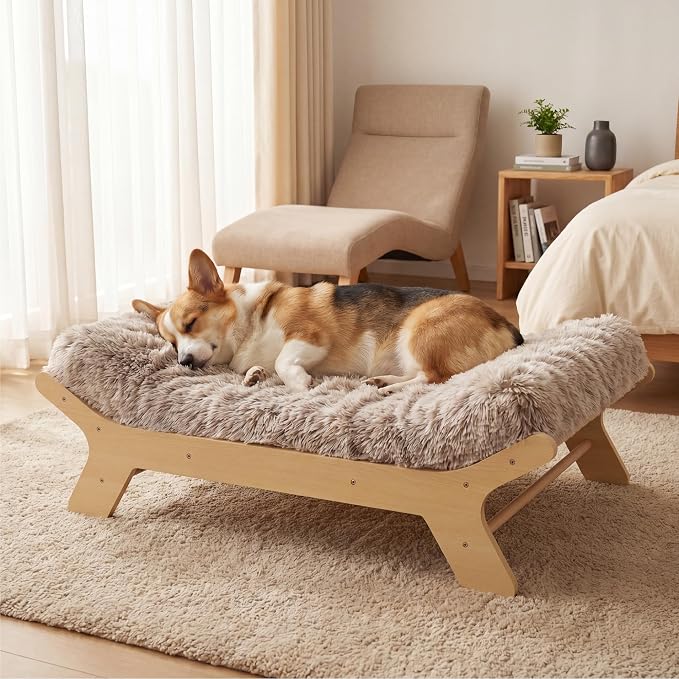 Elevated Wood Dog Bed Frame Mat Set, WoodPattern, Medium | Raised Sturdy Attractive Dog Sofa Couch Furniture, 60 lb