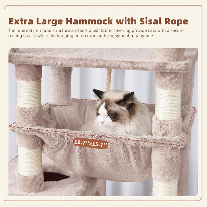 Gitelsnour Cat Tree, Cat Tower for Large Cats with 2 Big Platforms, 2 Baskets, condo and Toys, 63" Cat Scratching Posts for Indoor Cats, Muchroom GCT020MU