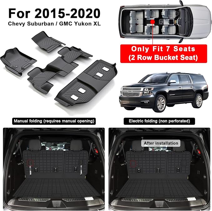 Floor Mats for 2015-2020 Chevy Chevrolet Suburban/GMC Yukon XL 7 Seats (Not for Yukon) (2nd Row Bucket Seats) & Cargo Mat & Backrest Mat,TPE All Weather Protection Full Set Accessories