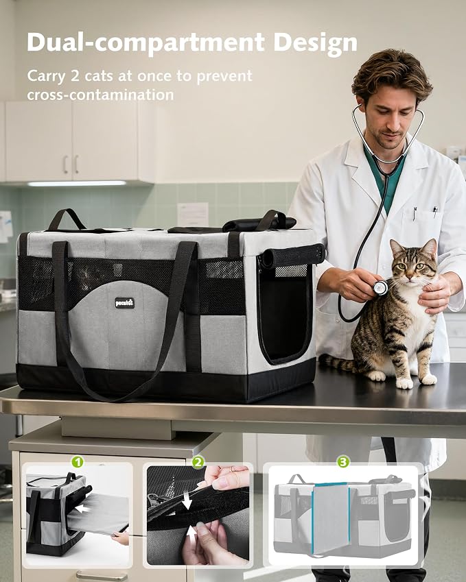 Pecute Cat Carrier, Soft Double Pet Crate for 2 Cats Travel, Gray | 5mm Anti-collapse Frame, Convertible Dual Space, Foldable, Polyester Breathable mesh, Up to 26 lbs, Car Travel & Vet Visits