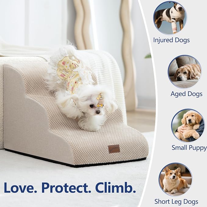GoGoBunny Ramp Dog Stairs for High Beds 24.4" H, 5-Step Extra Wide Dog Slope Stairs with Durable Waterproof Fabric Cover, Pet Steps for Old Large Dogs Climbing, Non-Slip Sturdy Indoor Step, Beige