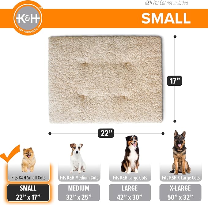 K&H Pet Products Dog Cot Pad (Cot Sold Separately), Pillow-Top Comfort Bed for K&H Small Elevated Dog Beds, Soft & Fluffy, Secure Fit Straps, Machine Washable, Portable - Small 22 X 17in Tan Fleece