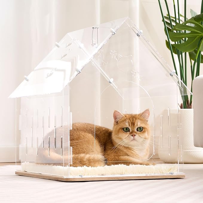 Acrylic Cat House for Indoor Cats, Transparent Cat Bed Cave with Plush Cushion & Hanging Toys, Modern Ventilated Cat Condo with Sturdy Wooden Base for Adult Cats & Kittens up to 15 lbs, White