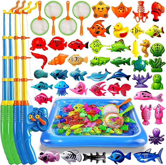 CozyBomB™ Magnetic Fishing Toys Game Set for Kids | Water Table Bathtub Kiddie Pool Party Pole Rod Net, Outdoor Plastic Floating Fish, Toddler Bath Color Ocean Sea Animals Birthday Gift Age 3-5 6 4-8