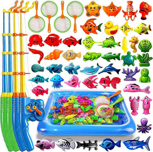 CozyBomB™ Magnetic Fishing Toys Game Set for Kids | Water Table Bathtub Kiddie Pool Party Pole Rod Net, Outdoor Plastic Floating Fish, Toddler Bath Color Ocean Sea Animals Birthday Gift Age 3-5 6 4-8
