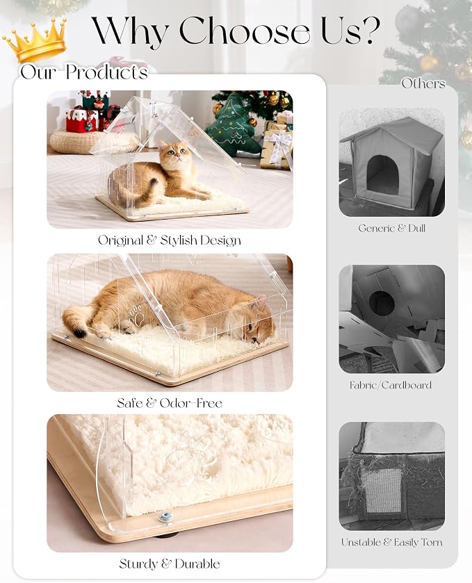 Acrylic Cat House for Indoor Cats, Transparent Cat Bed Cave with Plush Cushion & Hanging Toys, Modern Ventilated Cat Condo with Sturdy Wooden Base for Adult Cats & Kittens up to 12 lbs, White
