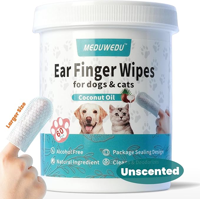 MEDUWEDU Wider Ear Cleaner Finger Wipes 60 Counts, Dog Ear Cleaner, Grooming Kit Care for Dogs and Cats,Otic Cleaning Pads, Remove Wax, Dirt & Stop Smelly, Itchy, Non-Irritating, Unscented