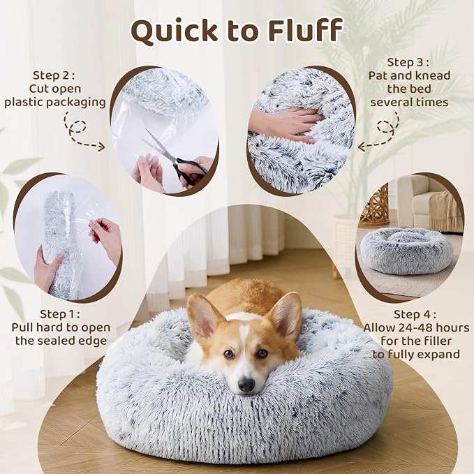JOLLYVOGUE Small Dog Bed, Calming Soft Anti-Anxiety Donut Cat Bed, Washable Round Fluffy Cushion for Small and Medium Pets (20")