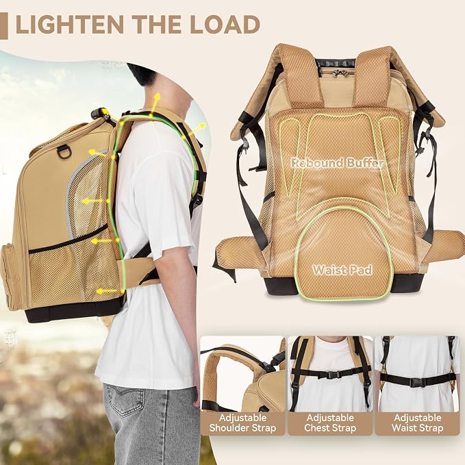 Petsfit Pet Dog Carrier Backpack with Upgraded Weight Reduction Design, Cat Dog Backpack with Large Ventilations, Easy-Fit for Traveling Hiking Camping for Small Medium Dogs and Cat, Khaki