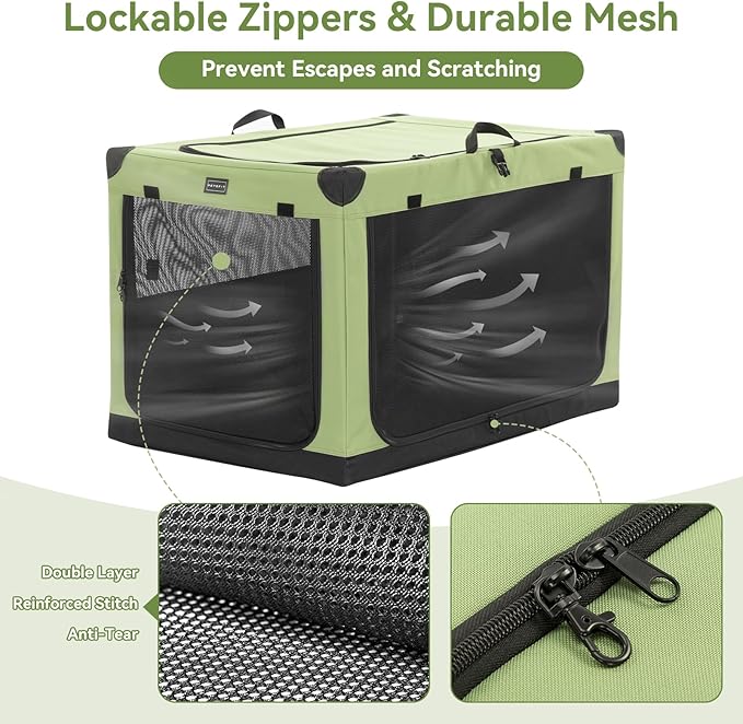 PETSFIT 36" Soft Portable Dog Crate – Patented Spiral Sturdy Frame, Collapsible Travel Kennel for Medium & Large Dogs, 3 Mesh Door, Lockable Zippers, Indoor & Car Use Green