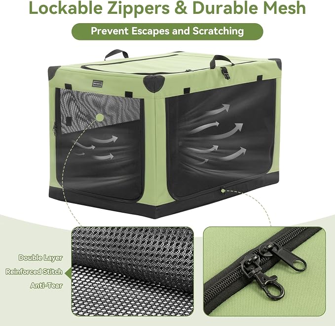 PETSFIT 40" Soft Portable Dog Crate – Patented Spiral Sturdy Frame, Collapsible Travel Kennel for Large Dogs, 3 Mesh Door, Lockable Zippers, Indoor & Car Use Green