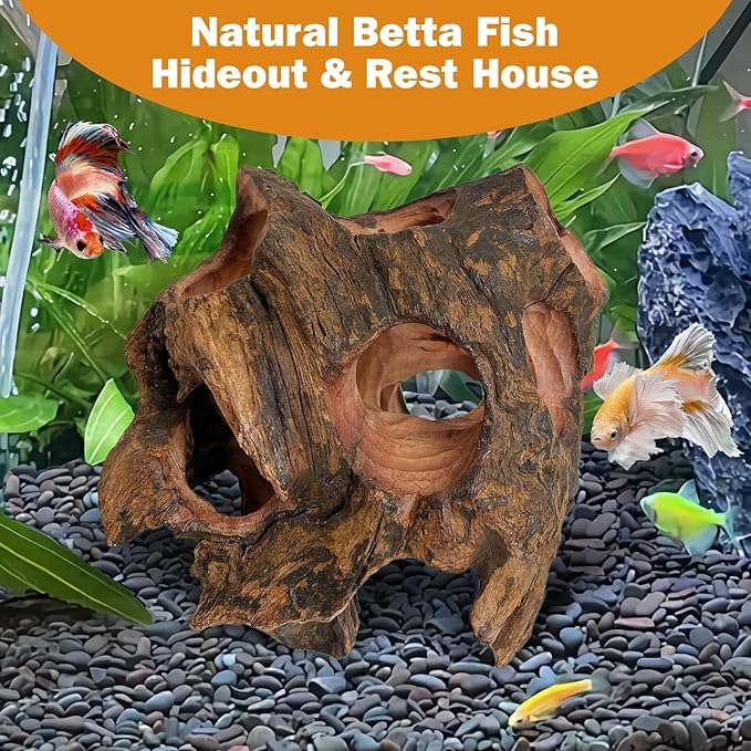 PINVNBY Betta Fish Cave Natural Wood Betta Fish Hideout for Aquarium Fish Tank Decorations Hideout Betta Fish Accessories Habitat Shelter for Crayfish Shrimp and Other Aquatic Pets